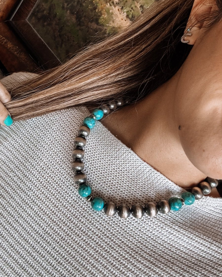 14mm 18" Sterling Silver Pearl with Turquoise Necklace - Horseshoe J & Co.