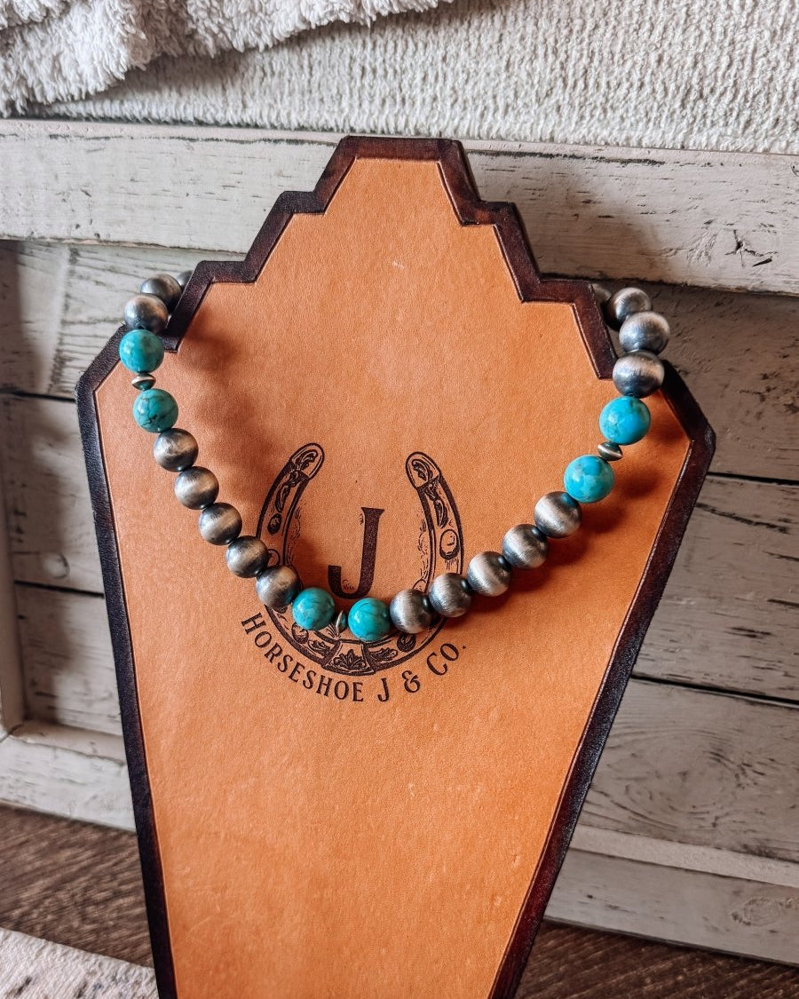 14mm 18" Sterling Silver Pearl with Turquoise Necklace - Horseshoe J & Co.