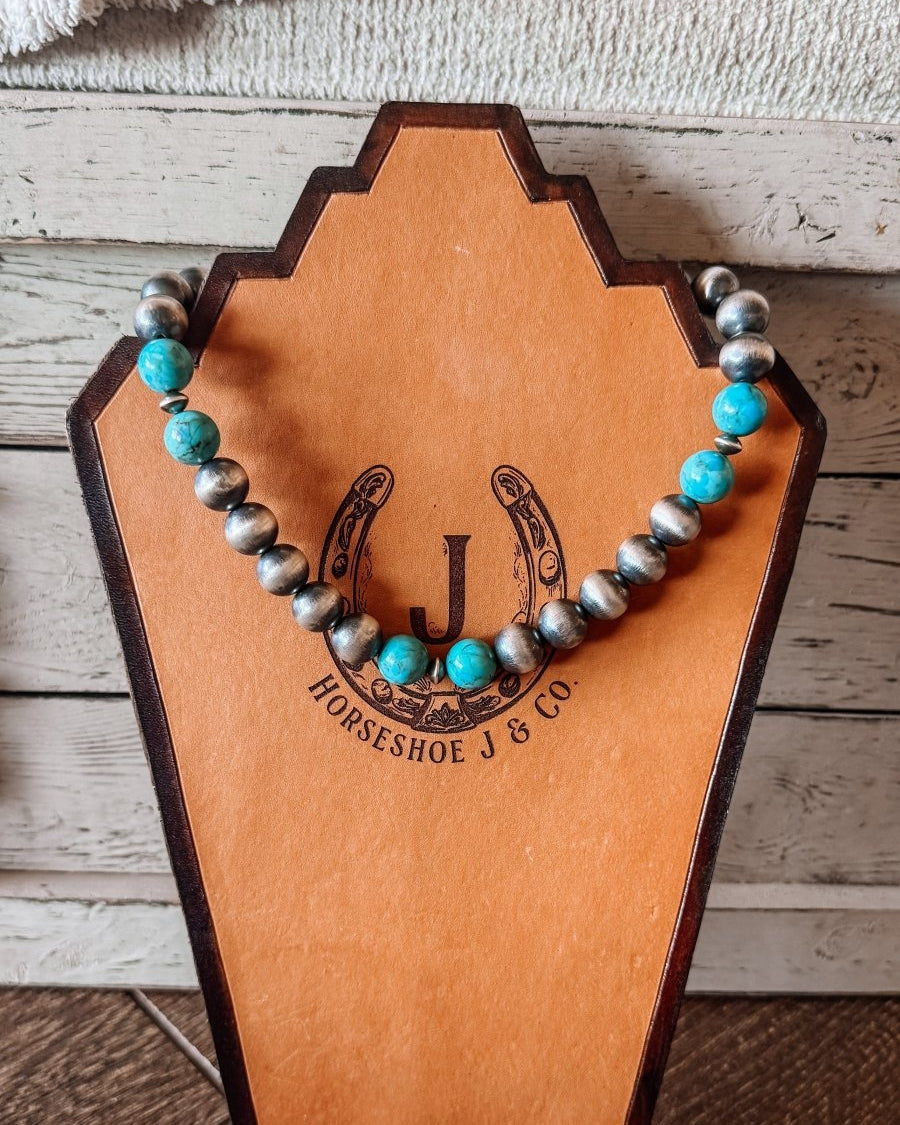 14mm 18" Sterling Silver Pearl with Turquoise Necklace - Horseshoe J & Co.