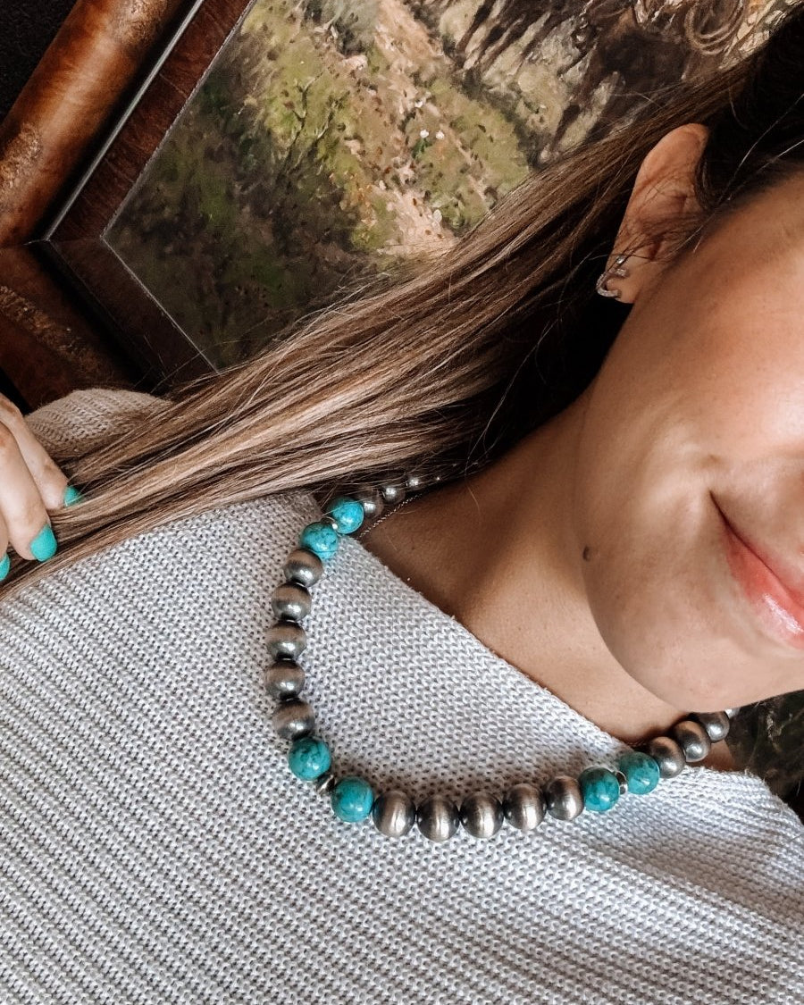 14mm 18" Sterling Silver Pearl with Turquoise Necklace - Horseshoe J & Co.
