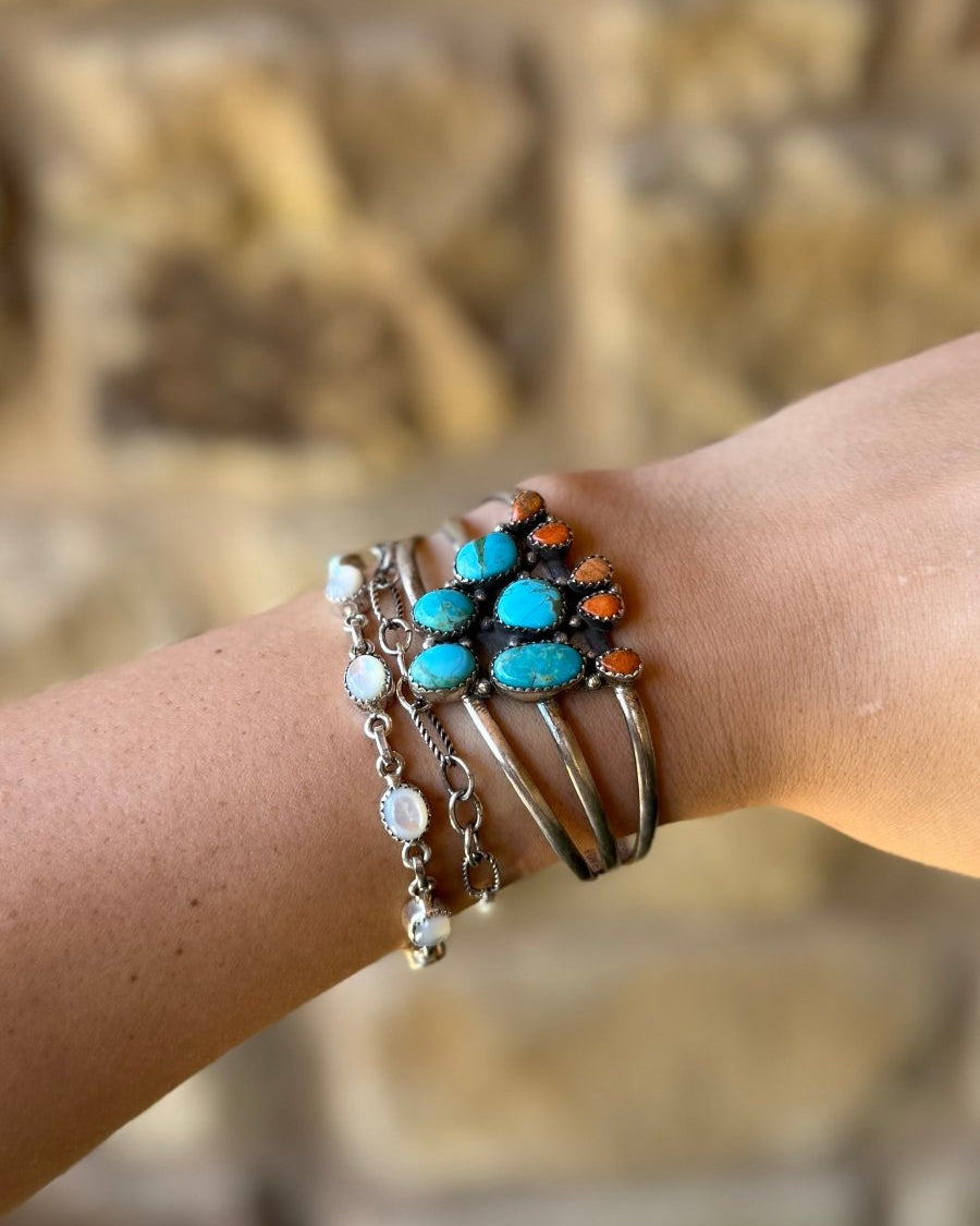 Alvord Turquoise + Apple Coral Cactus Cuff Bracelet - Horseshoe J & Co.