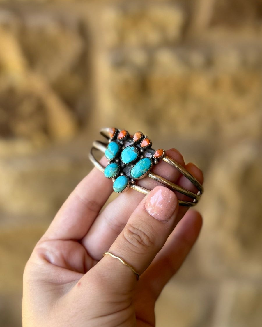 Alvord Turquoise + Apple Coral Cactus Cuff Bracelet - Horseshoe J & Co.