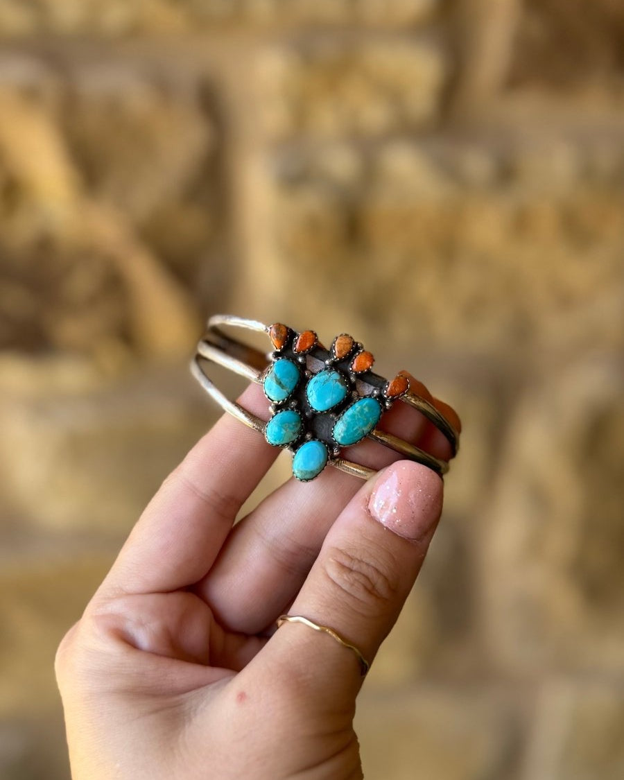 Alvord Turquoise + Apple Coral Cactus Cuff Bracelet - Horseshoe J & Co.