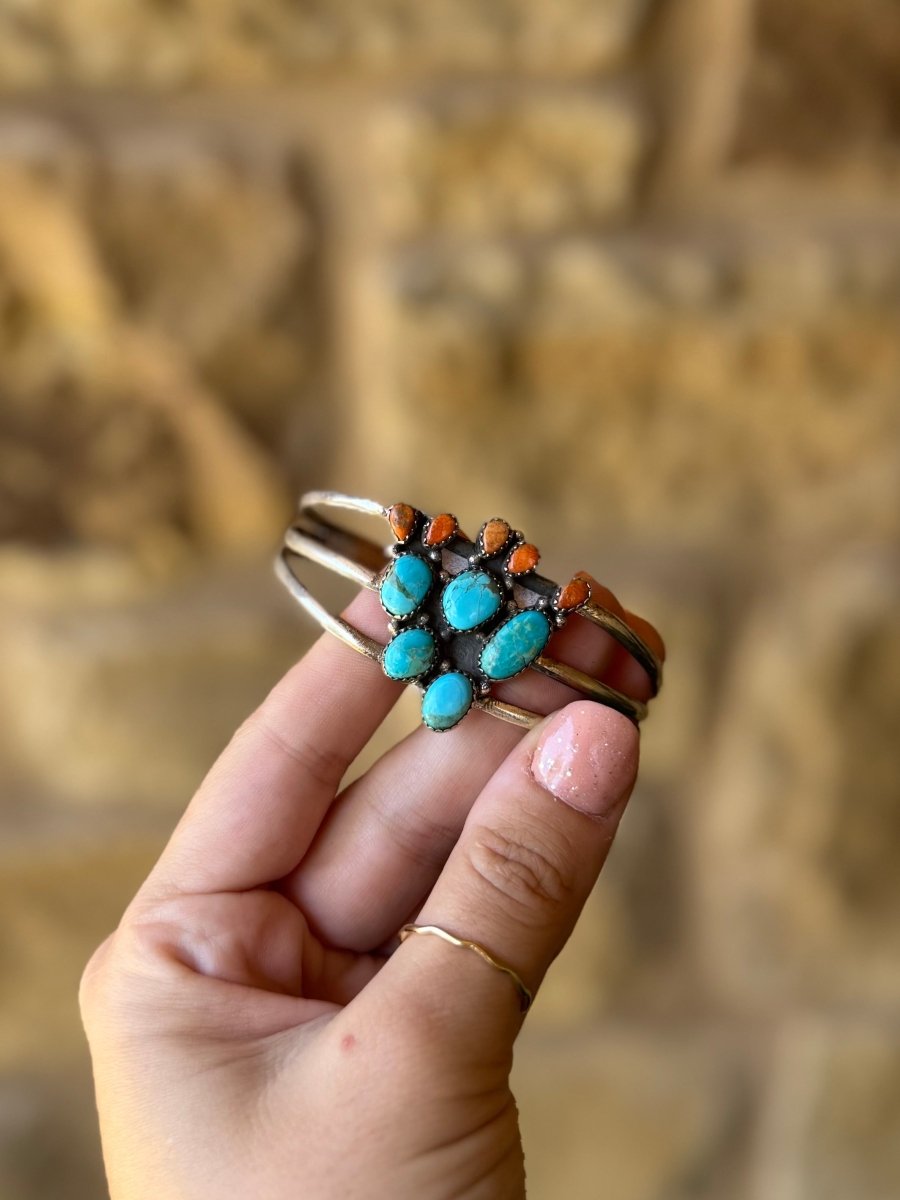 Alvord Turquoise + Apple Coral Cactus Cuff Bracelet - Horseshoe J & Co.