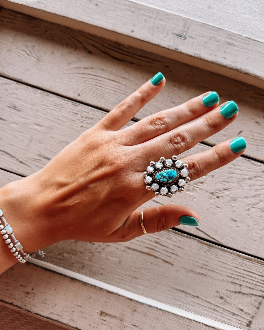 Far Away Places MOP + Turquoise Adjustable Ring - Horseshoe J & Co.