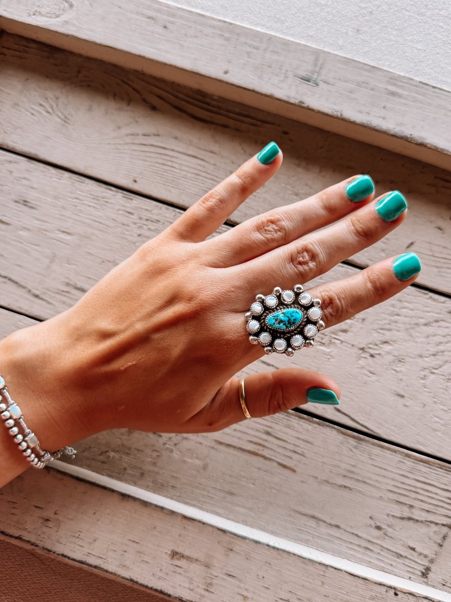 Far Away Places MOP + Turquoise Adjustable Ring - Horseshoe J & Co.
