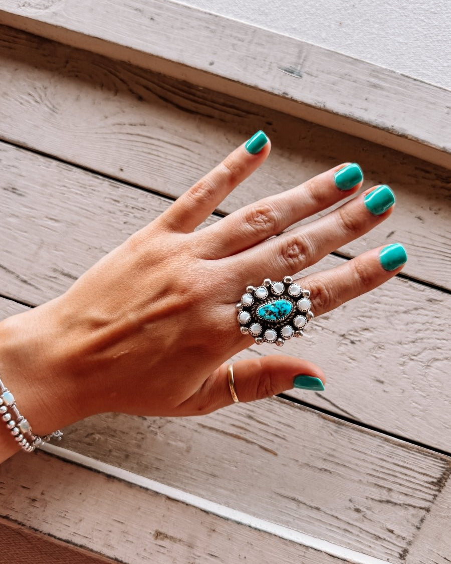Far Away Places MOP + Turquoise Adjustable Ring - Horseshoe J & Co.