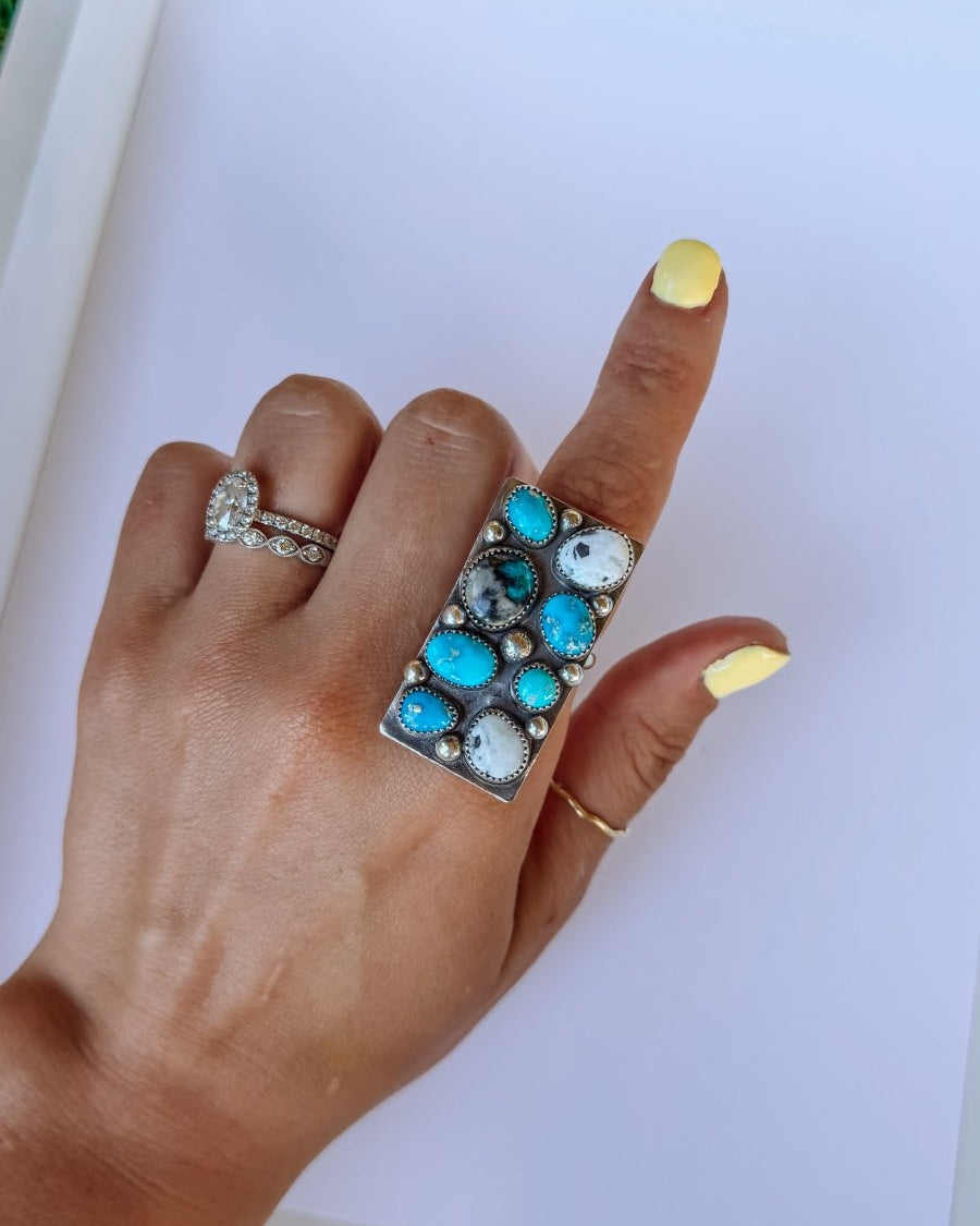 Harley Adjustable Turquoise + White Buffalo Cluster Ring - Horseshoe J & Co.
