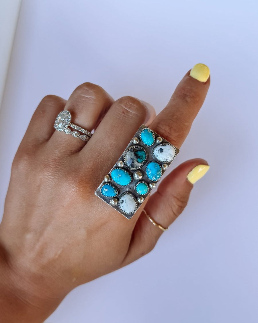 Harley Adjustable Turquoise + White Buffalo Cluster Ring - Horseshoe J & Co.