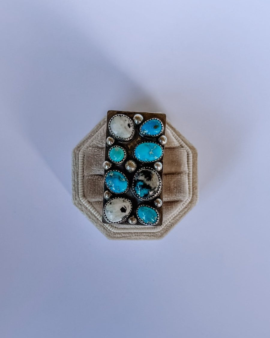 Harley Adjustable Turquoise + White Buffalo Cluster Ring - Horseshoe J & Co.
