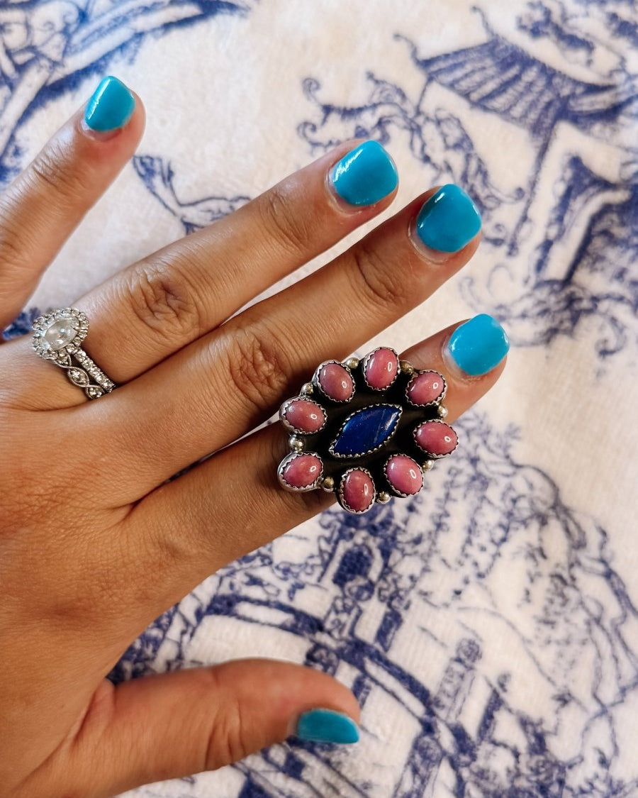 Hemphill Rhodonite + Lapis Cluster Ring - ring - Horseshoe J & Co.