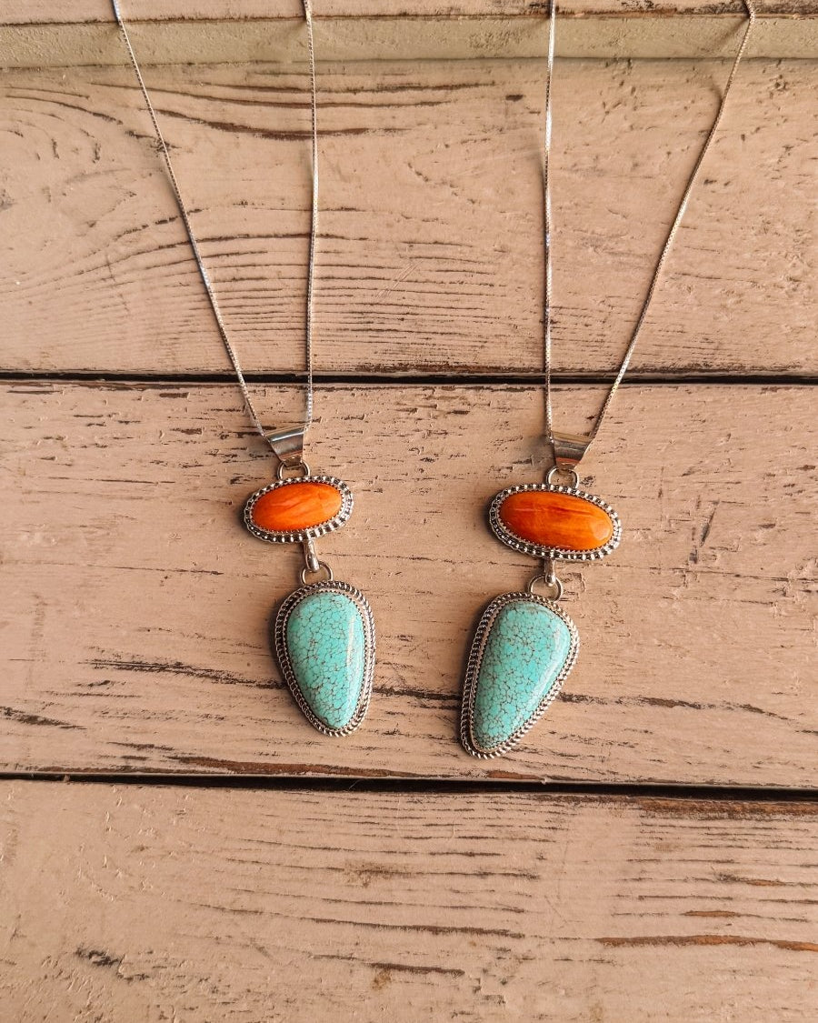 Henderson Orange Spiny Oyster + Turquoise 2 Stone Necklace - Horseshoe J & Co.