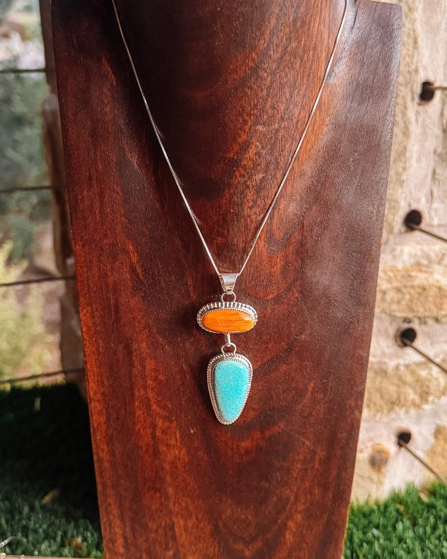 Henderson Orange Spiny Oyster + Turquoise 2 Stone Necklace - Horseshoe J & Co.
