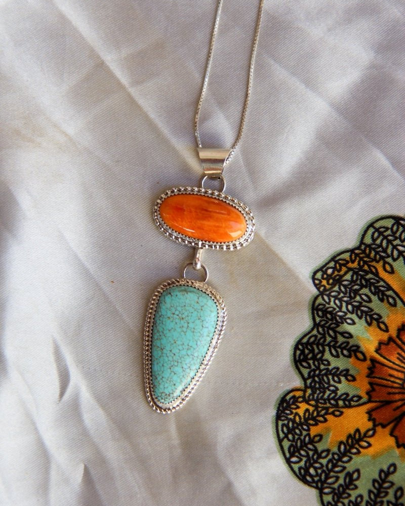 Henderson Orange Spiny Oyster + Turquoise 2 Stone Necklace - Horseshoe J & Co.
