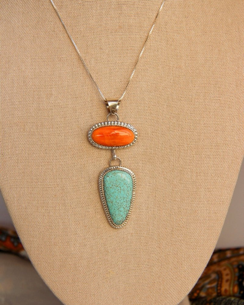 Henderson Orange Spiny Oyster + Turquoise 2 Stone Necklace - Horseshoe J & Co.