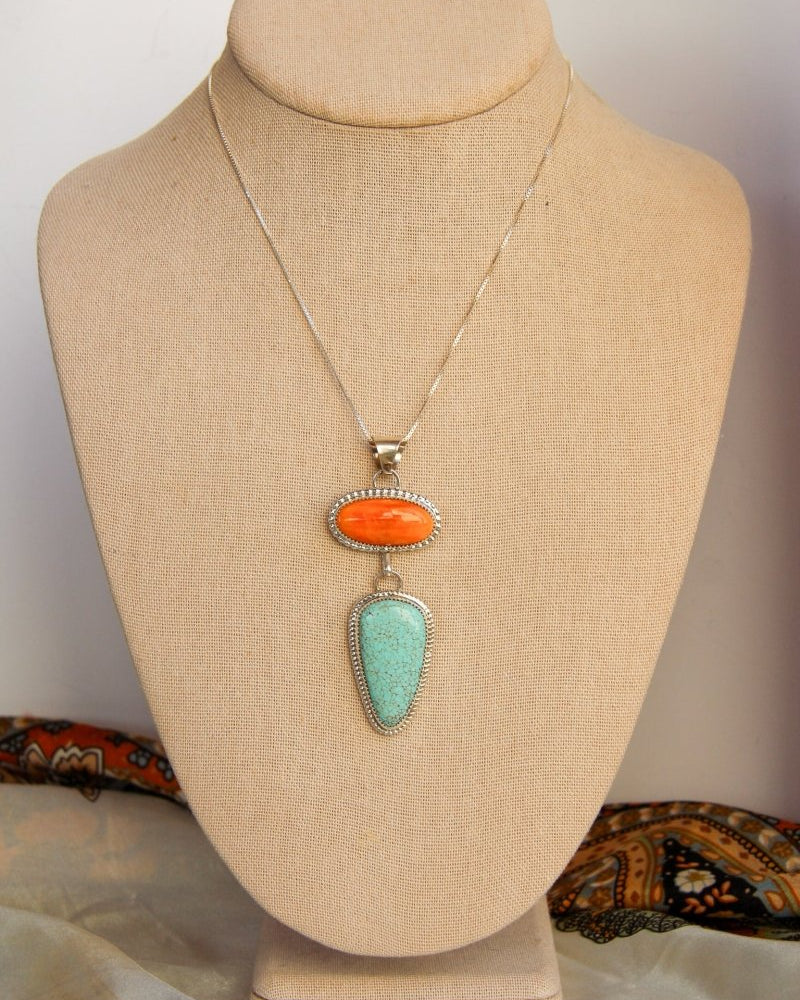 Henderson Orange Spiny Oyster + Turquoise 2 Stone Necklace - Horseshoe J & Co.
