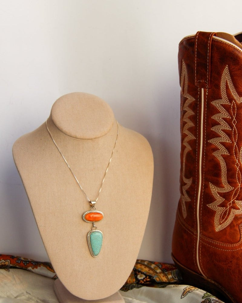 Henderson Orange Spiny Oyster + Turquoise 2 Stone Necklace - Horseshoe J & Co.