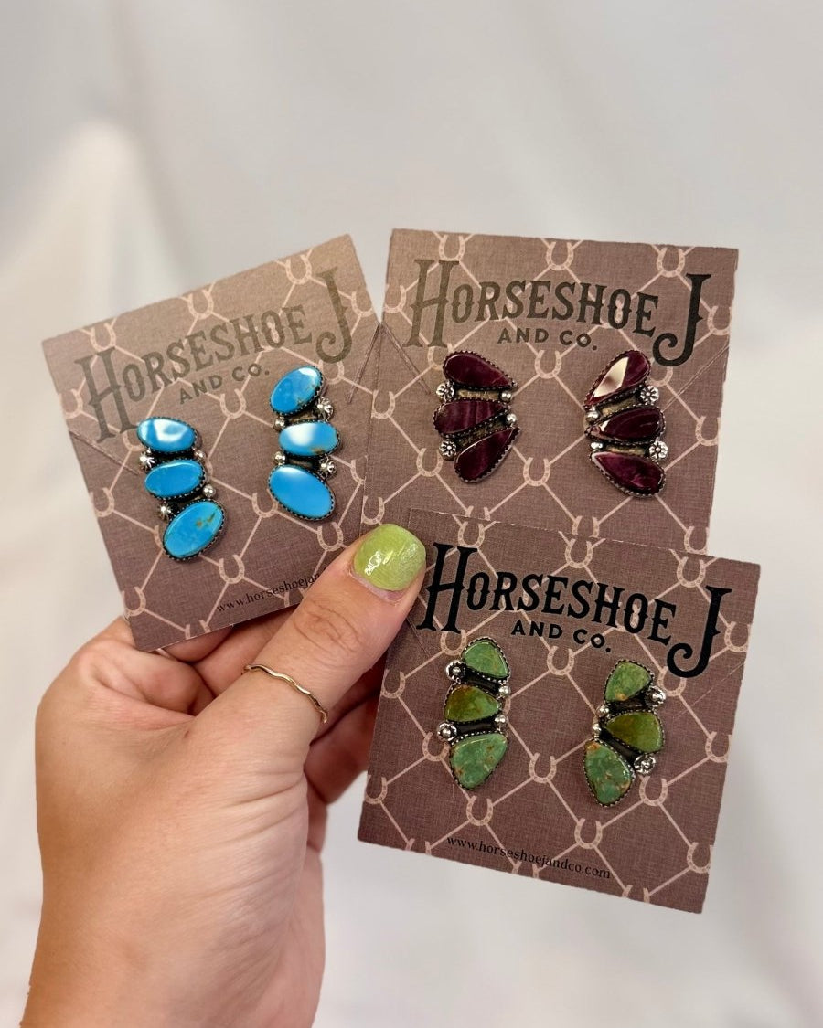 Henry 3 Stone Turquoise/Purple Spiny Oyster Earrings - Horseshoe J & Co.