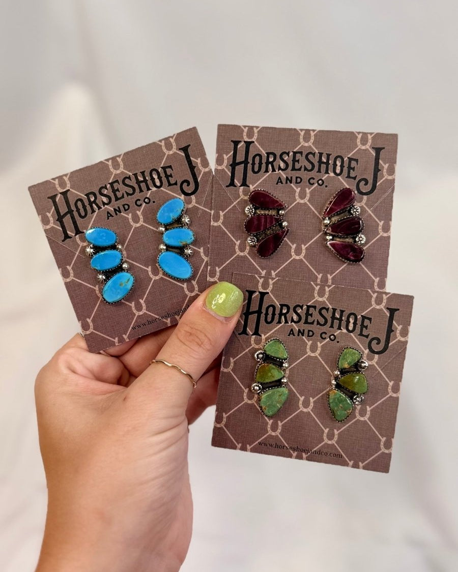 Henry 3 Stone Turquoise/Purple Spiny Oyster Earrings - Horseshoe J & Co.