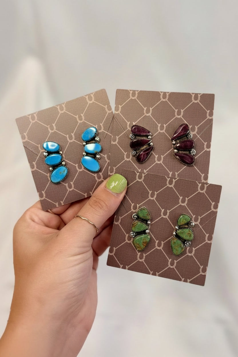 Henry 3 Stone Turquoise/Purple Spiny Oyster Earrings - Wooten's