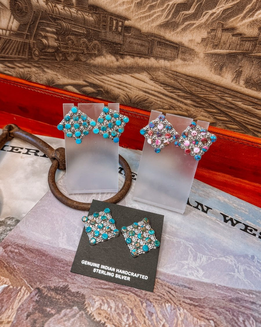 Marfa Cluster Turquoise/Pink Dahlia Earrings - Horseshoe J & Co.