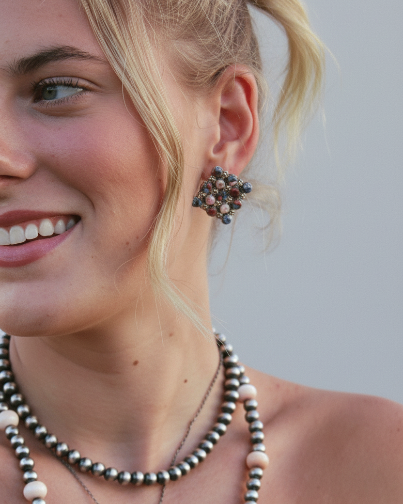 Marfa Cluster Turquoise/Pink Dahlia Earrings - Horseshoe J & Co.