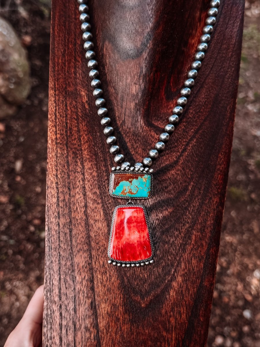 Naco 2 Stone Hook Pendant (Orange/Red Spiny + Turquoise) - Horseshoe J & Co.