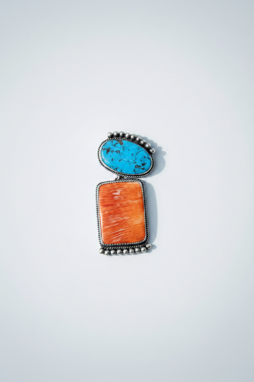 Naco 2 Stone Hook Pendant (Orange/Red Spiny + Turquoise) - Wooten's