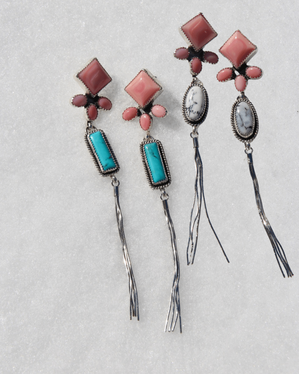 Pink Conch and Turquoise/White Buffalo Tassel Earrings - Horseshoe J & Co.