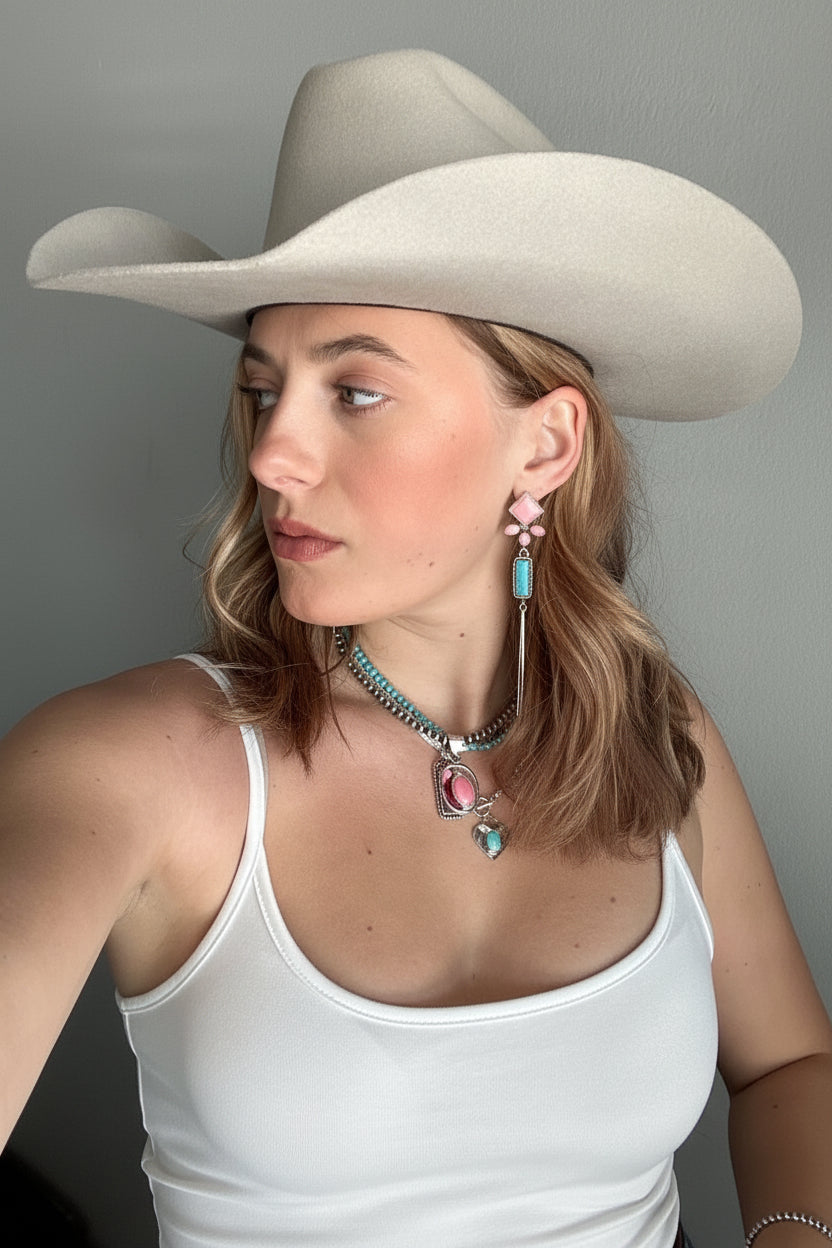Pink Conch and Turquoise/White Buffalo Tassel Earrings - Wooten's