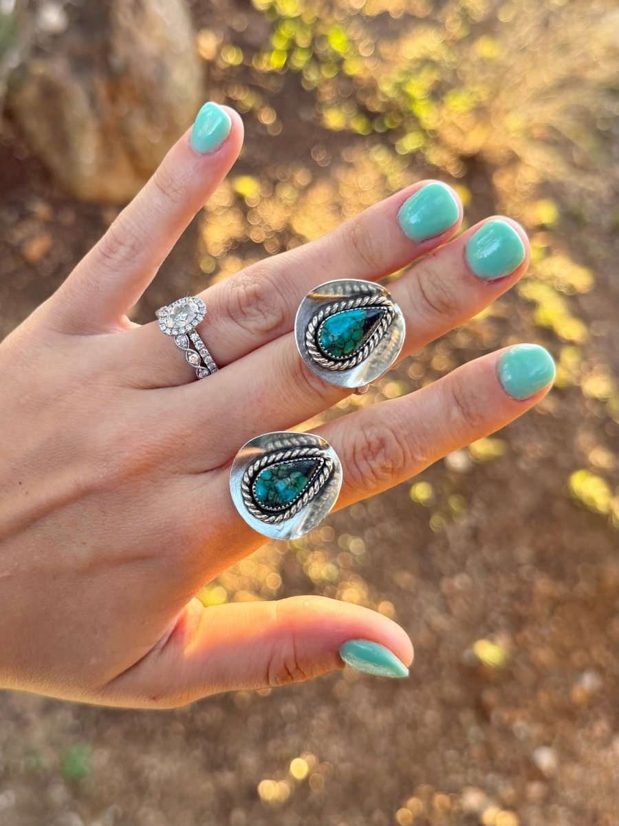 Rowood Adjustable Turquoise Cowboy Hat Ring - Horseshoe J & Co.