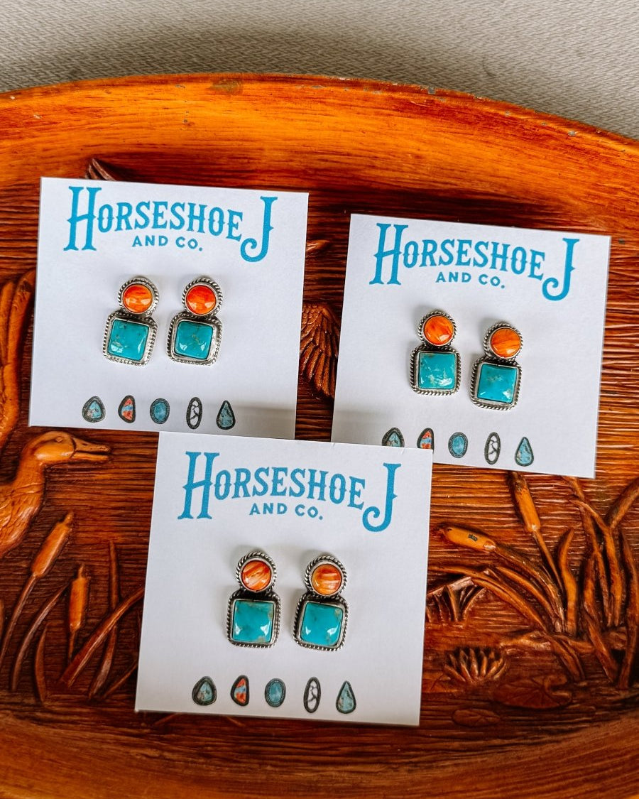 Seadrift Orange Spiny + Turquoise Earrings - Horseshoe J & Co.