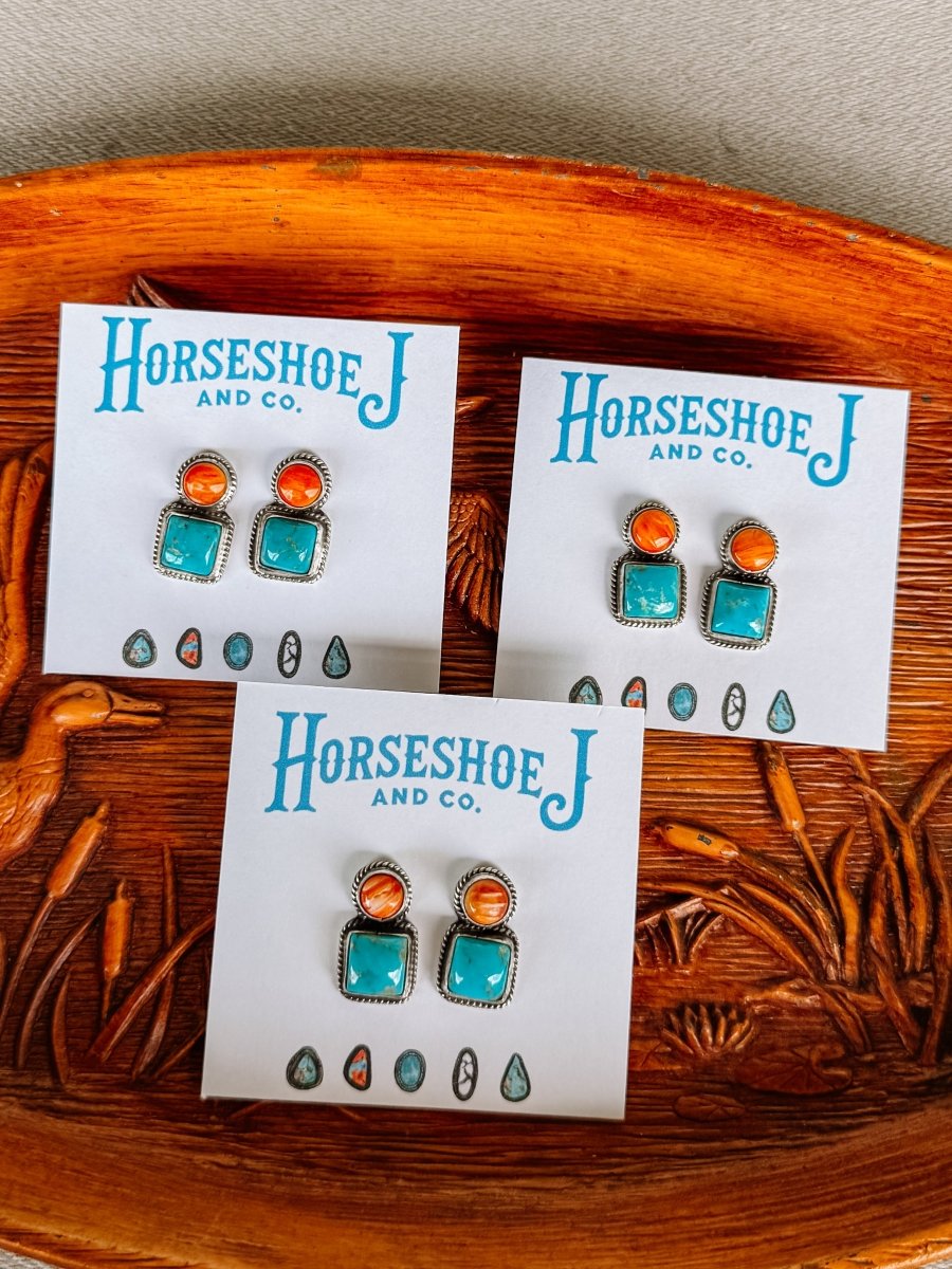 Seadrift Orange Spiny + Turquoise Earrings - Horseshoe J & Co.