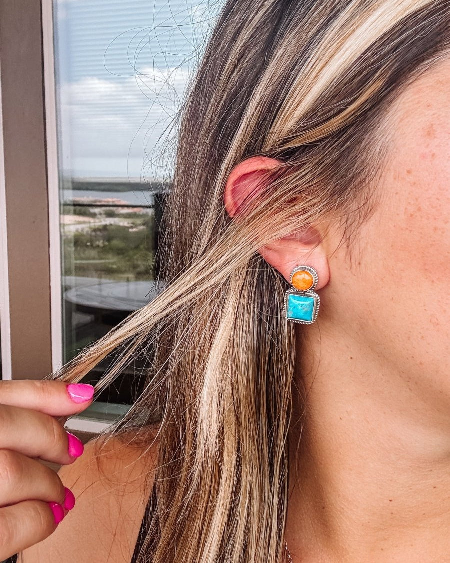 Seadrift Orange Spiny + Turquoise Earrings - Horseshoe J & Co.