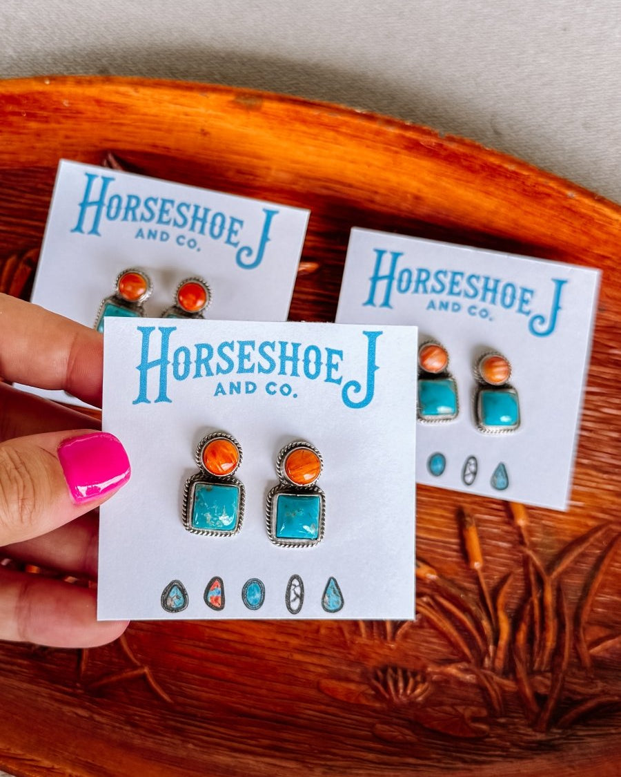 Seadrift Orange Spiny + Turquoise Earrings - Horseshoe J & Co.