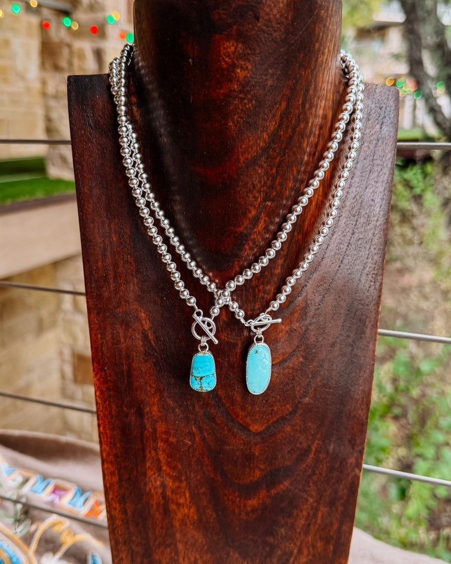 Sterling silver pearl + turquoise toggle Necklace - Horseshoe J & Co.