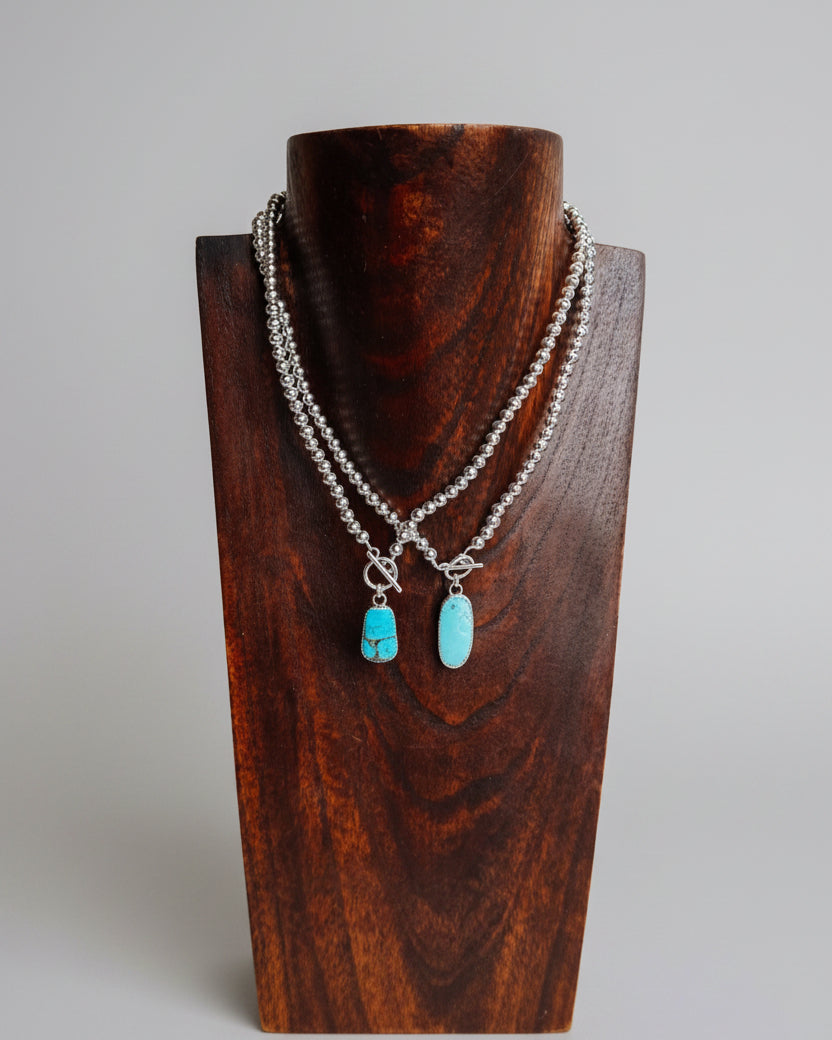 Sterling silver pearl + turquoise toggle Necklace - Wooten's