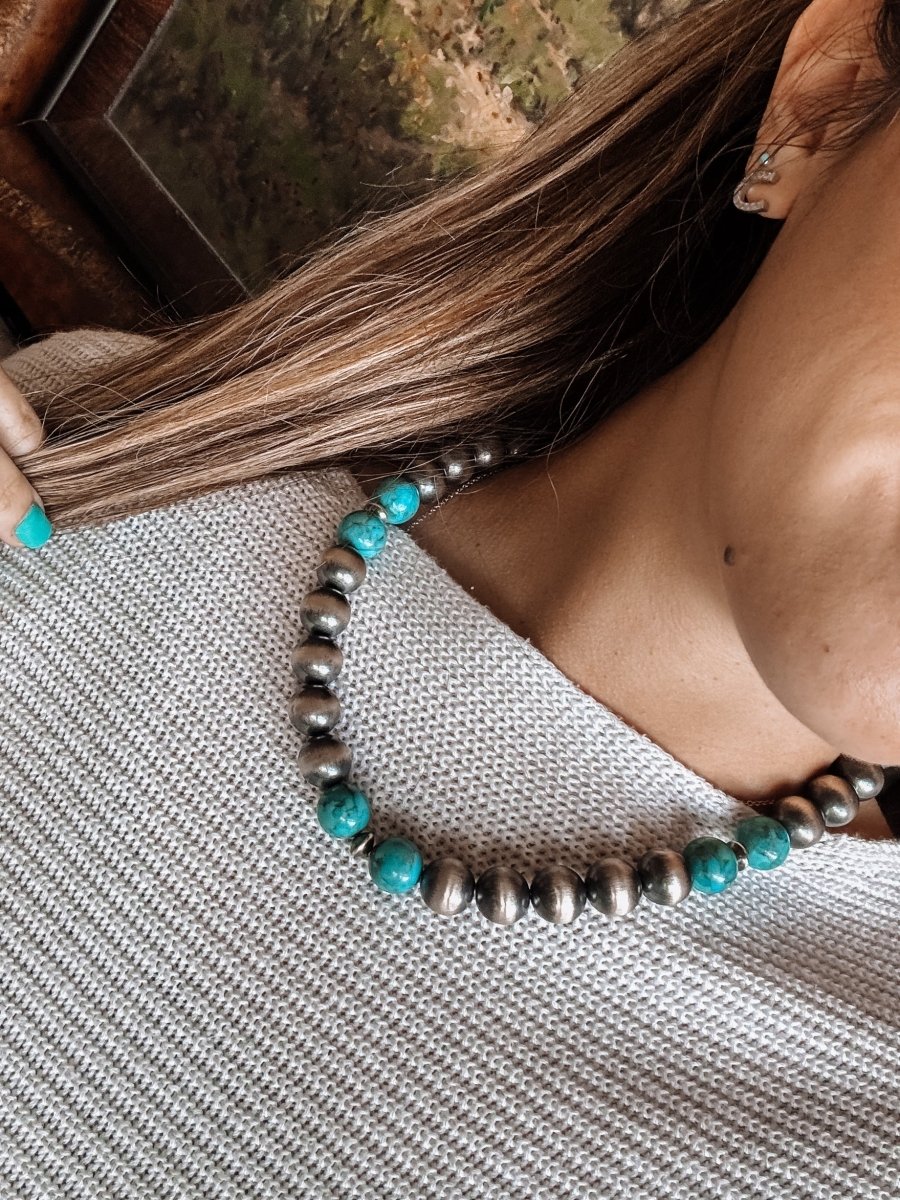 14mm 18" Sterling Silver Pearl with Turquoise Necklace - Wooten's