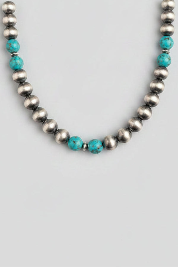 14mm 18" Sterling Silver Pearl with Turquoise Necklace - Wooten's