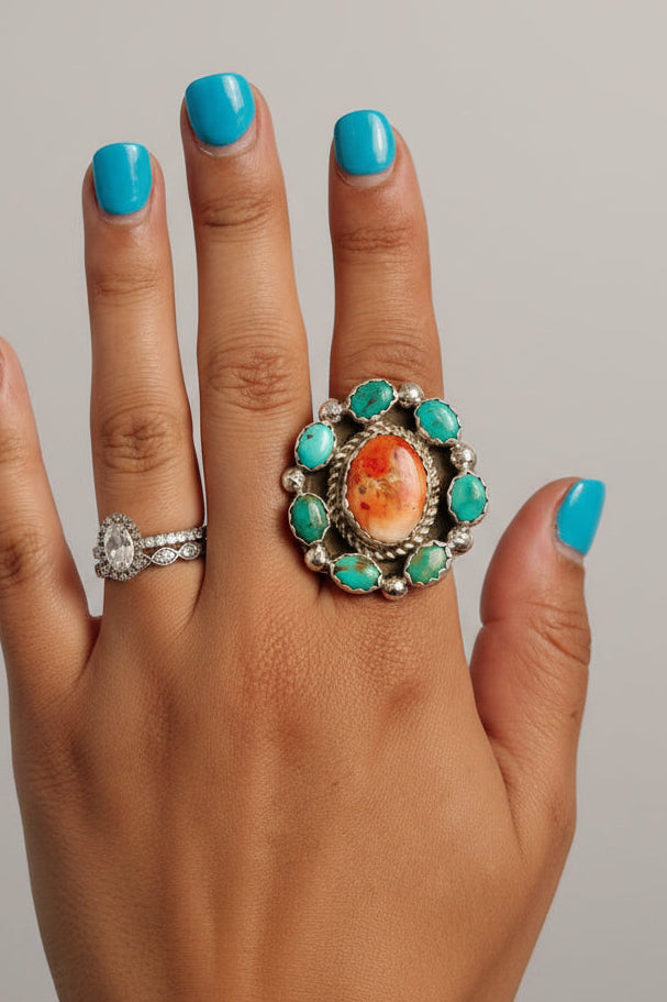 Aledo Spiny Oyster + Turquoise Cluster Ring - ring - Wooten's