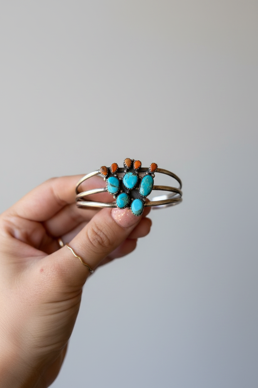 Alvord Turquoise + Apple Coral Cactus Cuff Bracelet - Wooten's