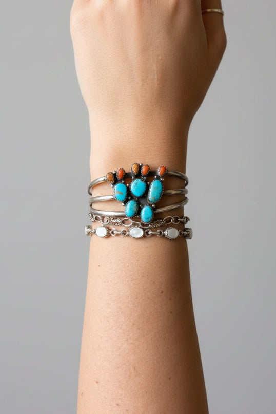 Alvord Turquoise + Apple Coral Cactus Cuff Bracelet - Wooten's