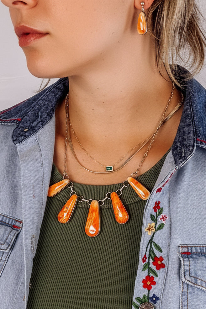 Burlington Orange Spiny Necklace + Earring Set - Wooten's