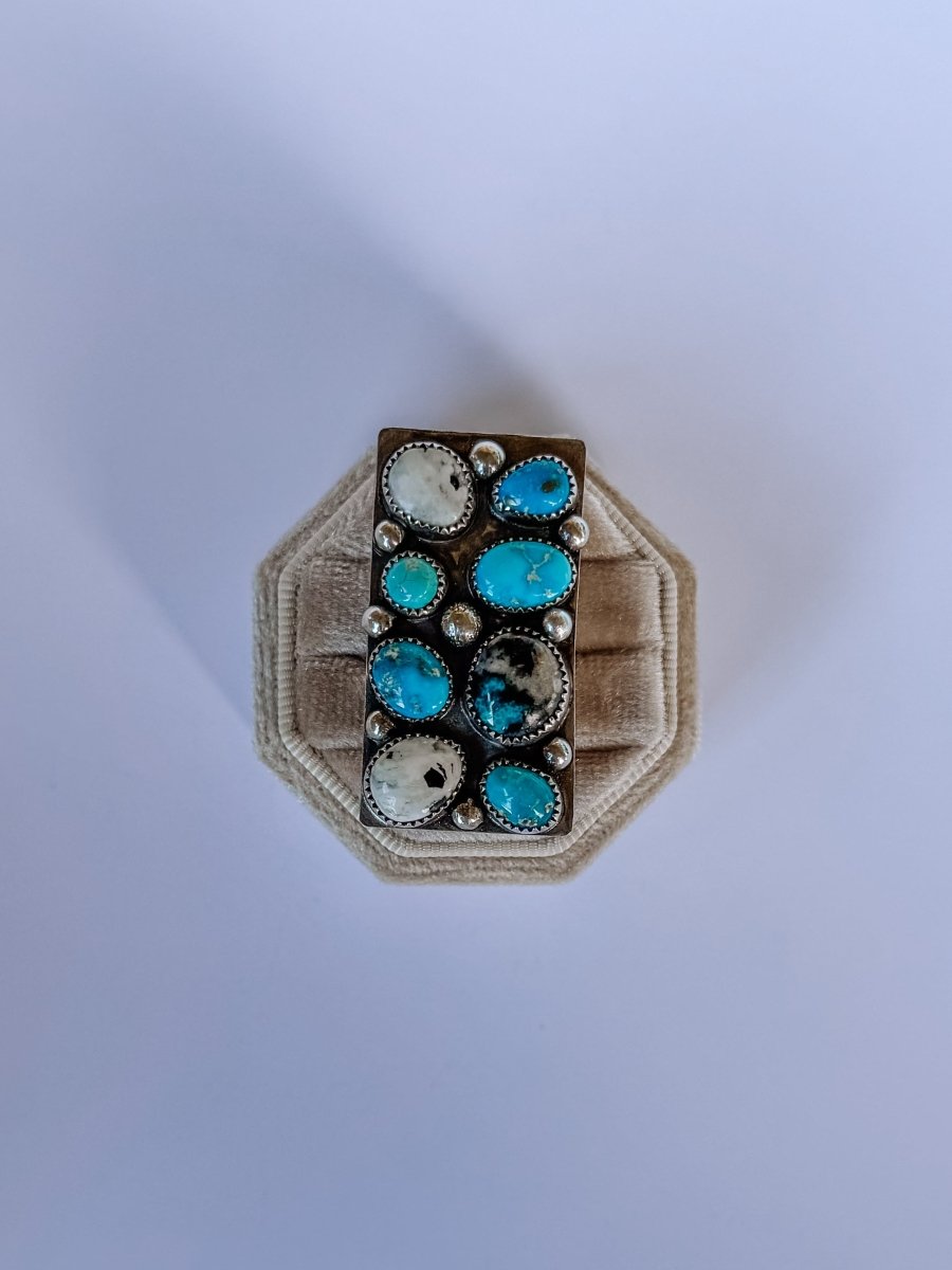 Harley Adjustable Turquoise + White Buffalo Cluster Ring - Wooten's