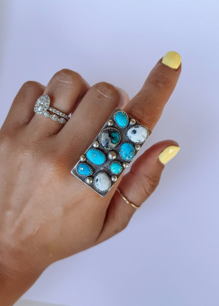 Harley Adjustable Turquoise + White Buffalo Cluster Ring - Wooten's