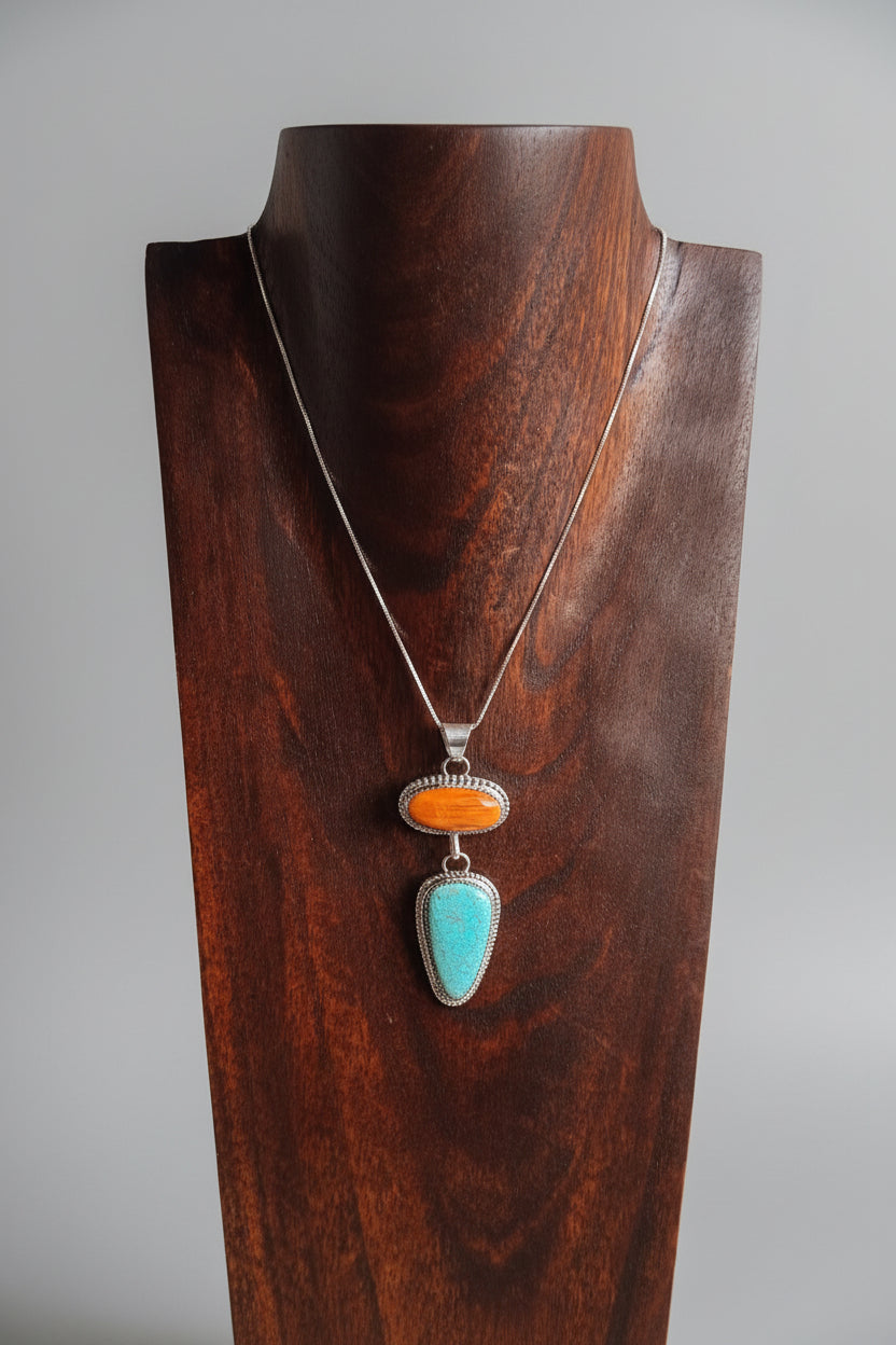 Henderson Orange Spiny Oyster + Turquoise 2 Stone Necklace - Wooten's
