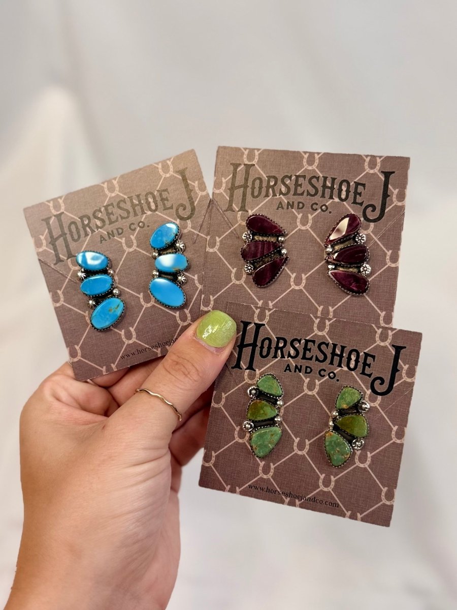 Henry 3 Stone Turquoise/Purple Spiny Oyster Earrings - Horseshoe J & Co.
