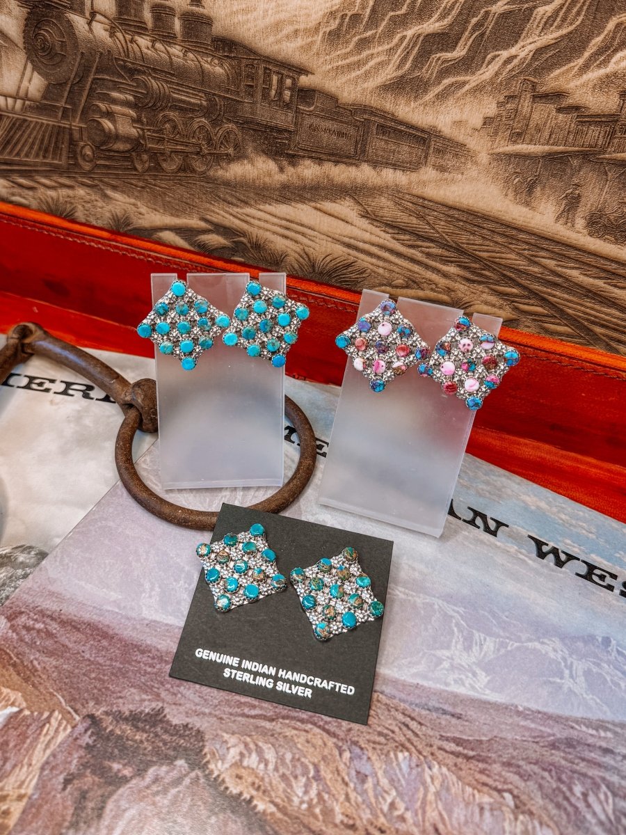 Marfa Cluster Turquoise/Pink Dahlia Earrings - Horseshoe J & Co.