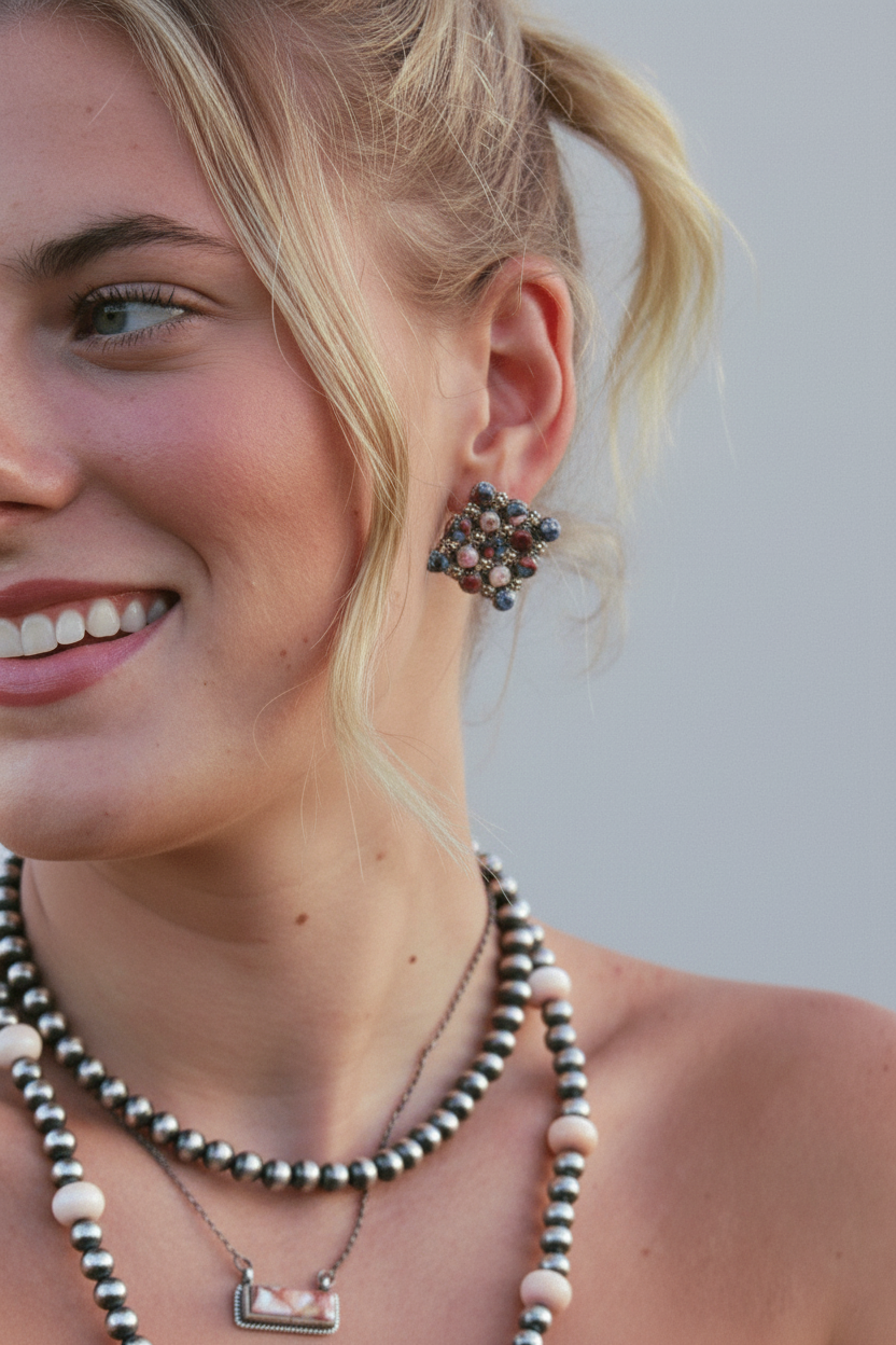 Marfa Cluster Turquoise/Pink Dahlia Earrings - Horseshoe J & Co.