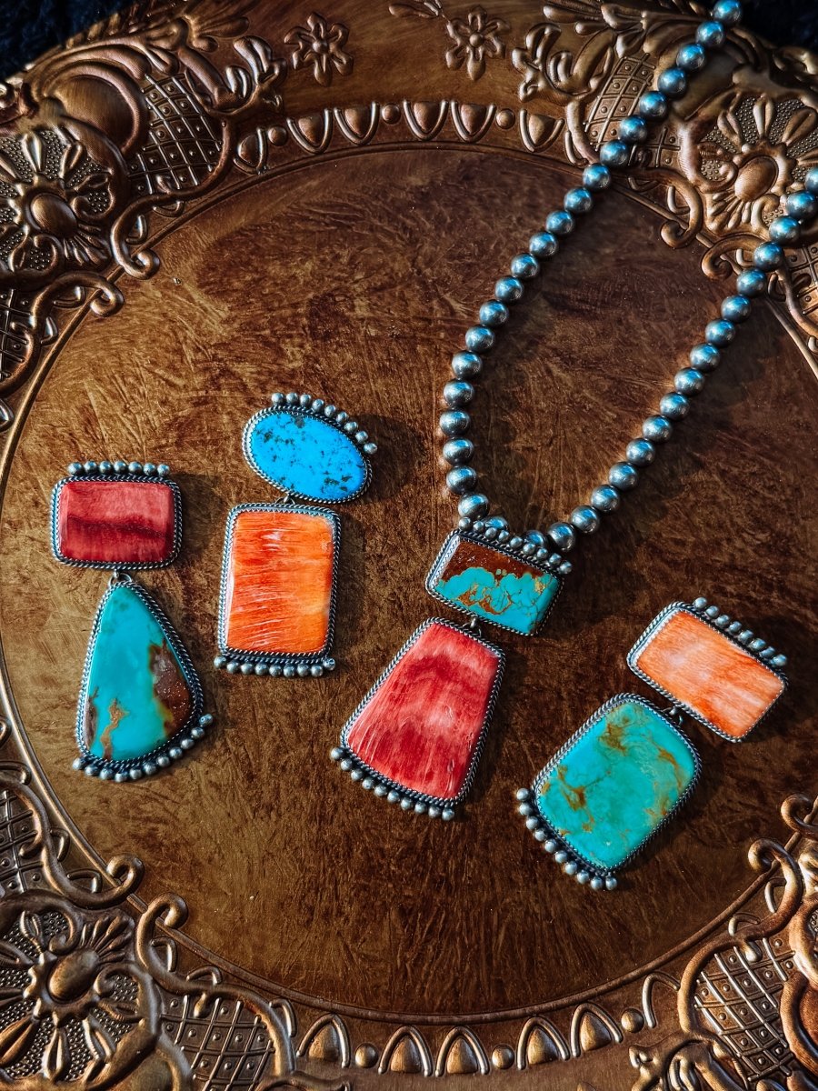 Naco 2 Stone Hook Pendant (Orange/Red Spiny + Turquoise) - Horseshoe J & Co.